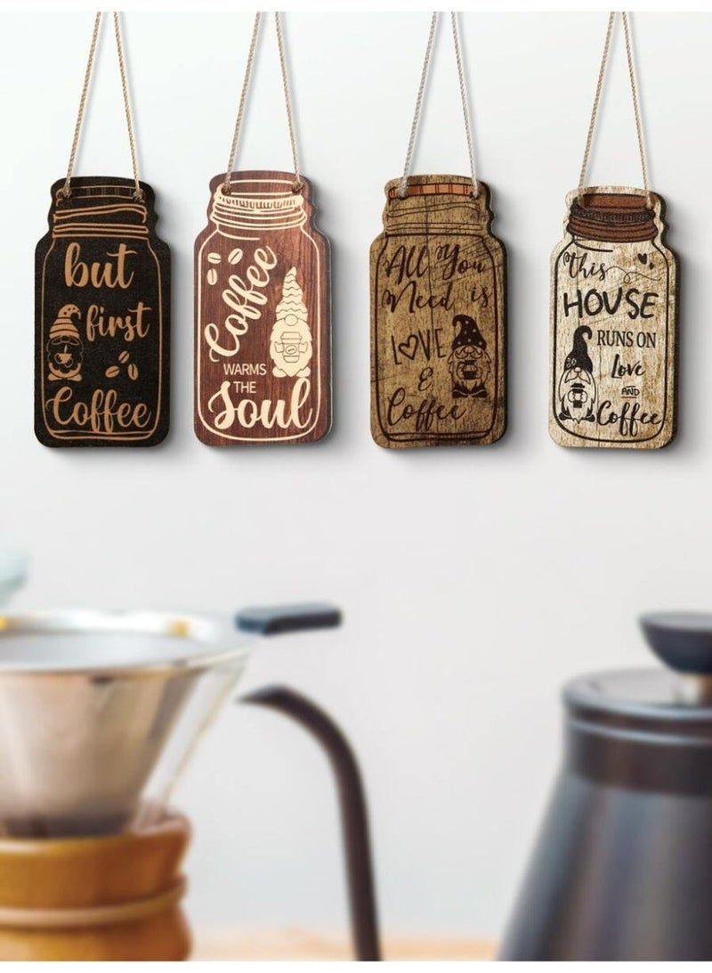 Rustic Coffee Wooden Hanging Sign – Jar Shape Wall Decor – Farmhouse Coffee Quotes Plaque – Kitchen & Coffee Bar Wall Ornament (Multiple Designs)- 4 Pcs - Image 1